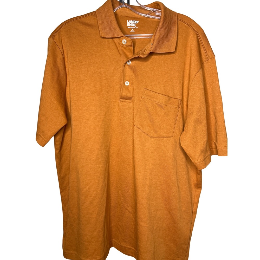 Lands End Mens Traditional Fit Orange Short Sleeve Polo Shirt Size M